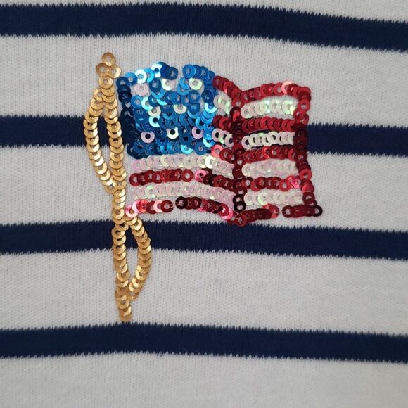 Quacker Factory Top Womens M Sequin American Flag Soft V Neck White Navy Stripes - Picture 3 of 6
